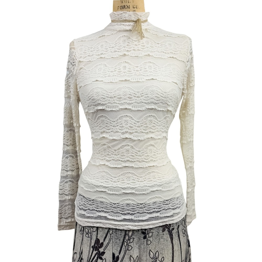 Victorian White Floral Lace Mock Neck Blouse Romantic Long Sleeve Overlay Top S